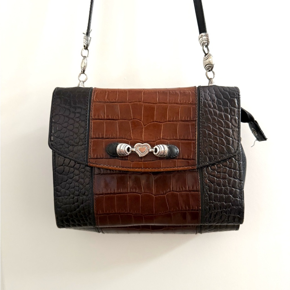 Brighton Black and Brown leather Alligator Grain  Organizer  Crossbody Bag